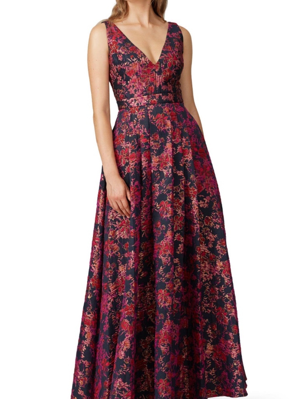 Badgley Mischka Pink Floral Jacquard Brocade Gown Maxi Dress Plunge - Size 2